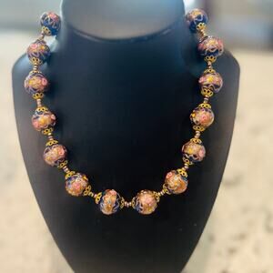 Art Deco Venetian Murano Italy Blue & Pink Wedding Cake Glass Beads Necklace